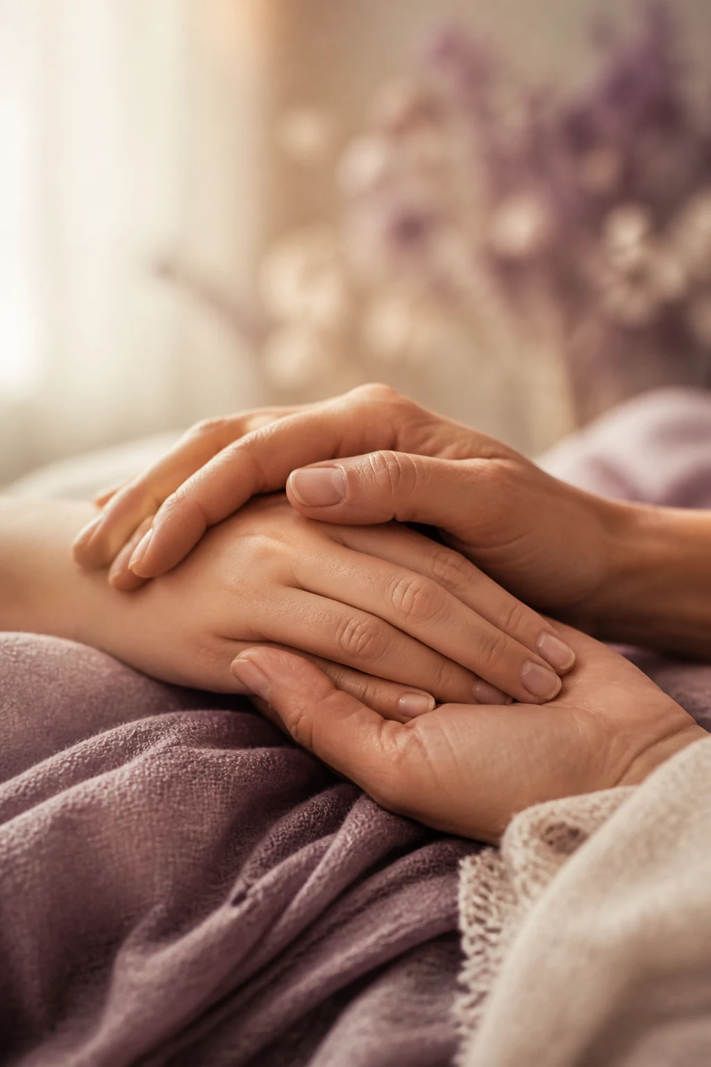 Warme handen die geruststellend een andere hand ondersteunen, symbool voor de zachte begeleiding bij oncologische huidzorg