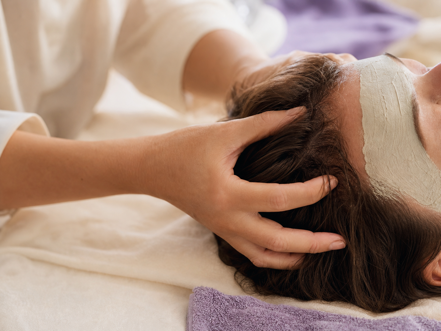 Hoofdhuidmassage tijdens gezichtsmasker — Gentle Behandeling